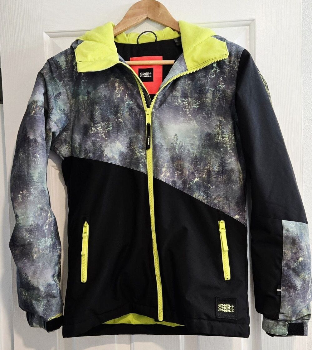 O'Neill Boys Snow Jacket Size 12 Forest Print Black Neon Yellow Ski Snowboard